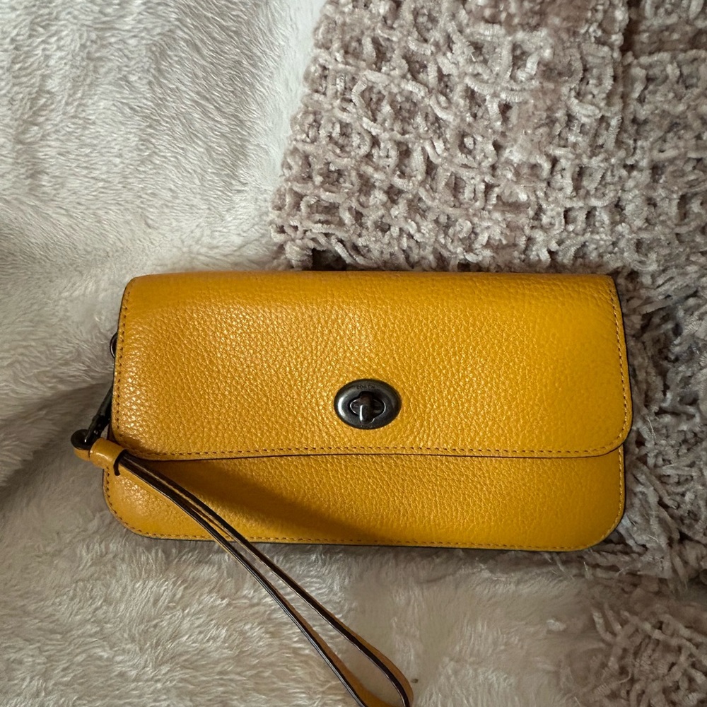 Coach Yellow Pebbled Leather Wristlet Clutch
